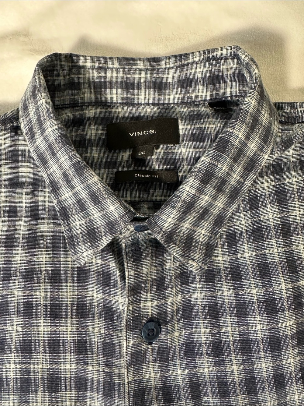 Vince Men's Plaid Button-Down Shirt in dark Blue and Gray size large linen blend